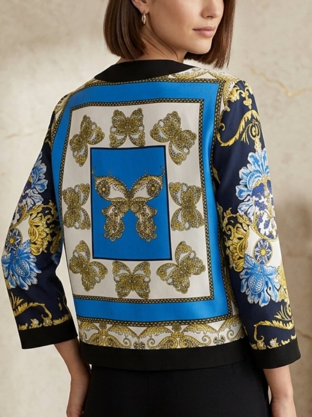 Boston Proper Blue Gold Baroque Butterfly Print Jacket Blazer Sz 10 - Picture 5 of 12